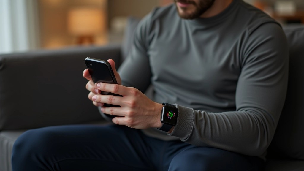 Vīrs sēž uz dīvāna un skatās mobilajā telefonā savus veselības datus no viedpulksteņa, sporta ģērbā
