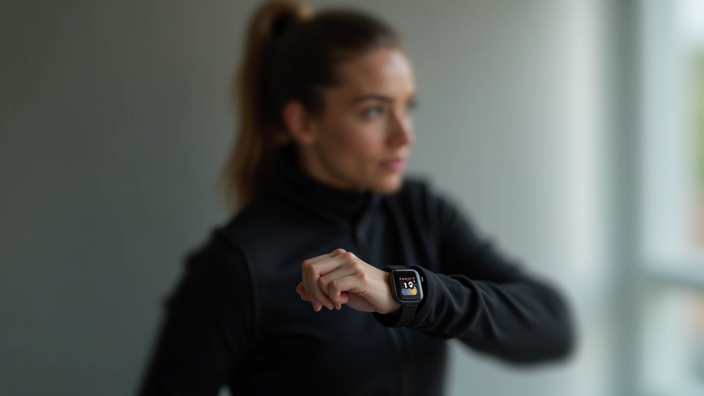 Sieviete valkā viedpulksteni ar aktivitātes monitoringu, sportiska apsargsimbolika uz rokas